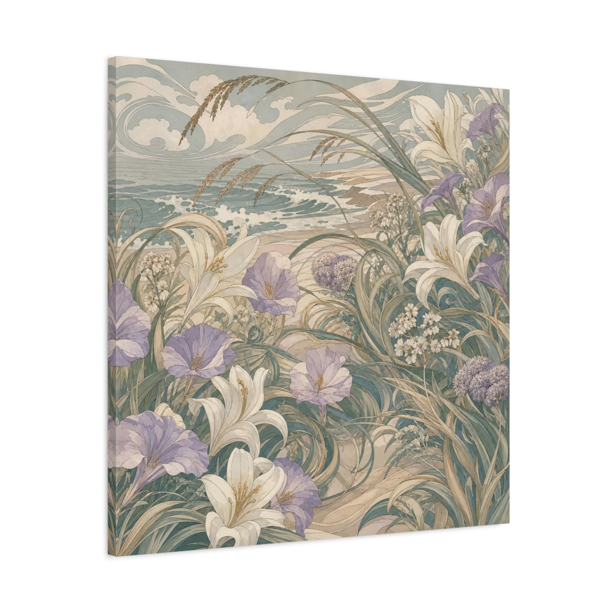 Side Mockup 3. Seafoam Dune Flowers shown as canvas print