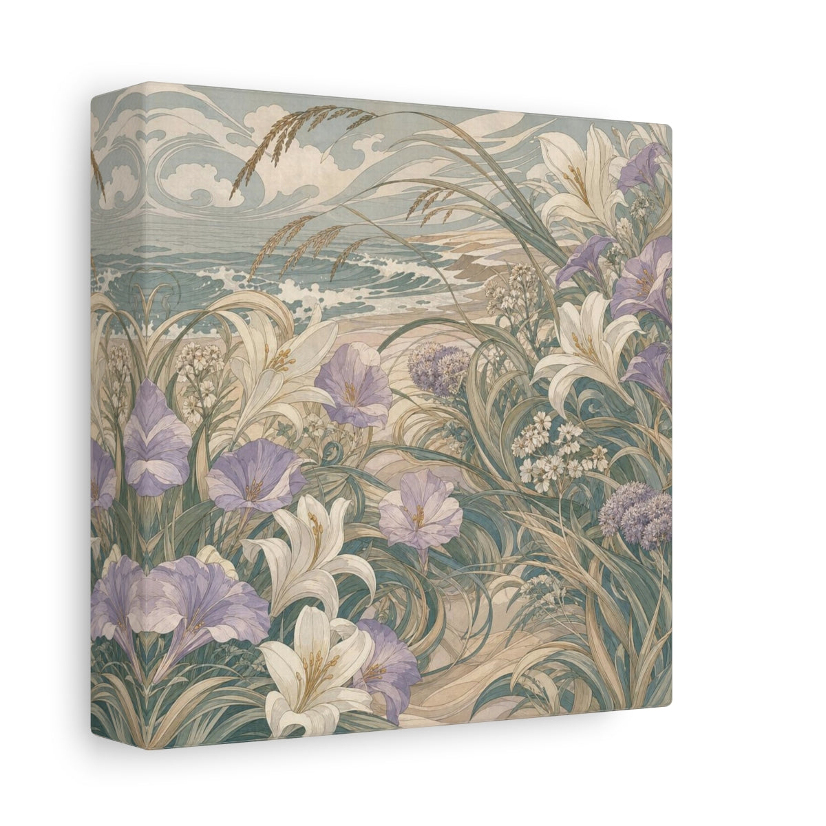 Side Mockup 2. Seafoam Dune Flowers shown as canvas print