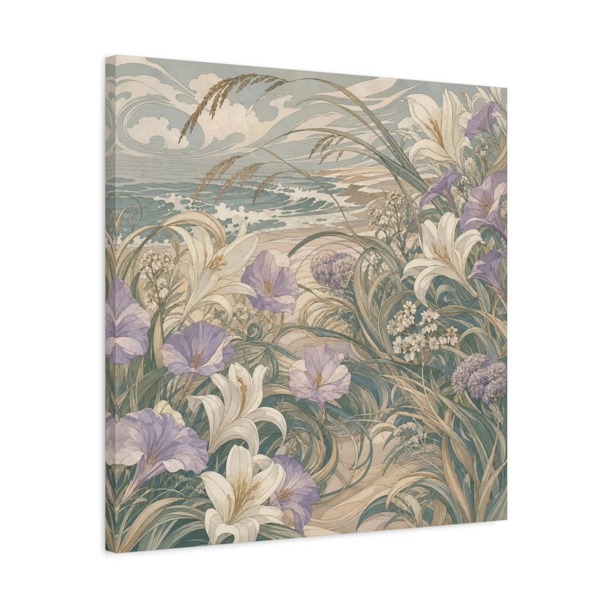 Side Mockup 4. Seafoam Dune Flowers shown as canvas print