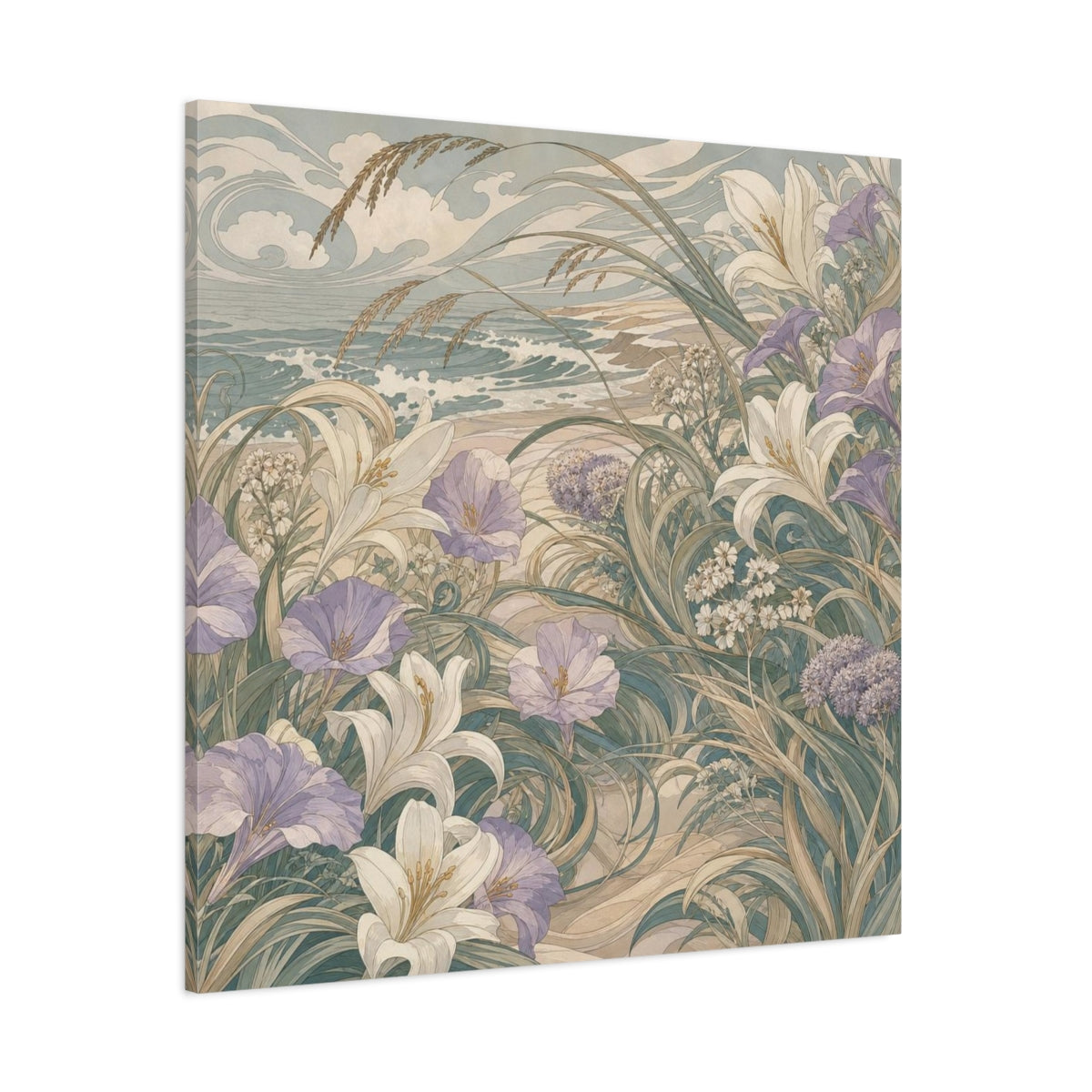 Side Mockup 1. Seafoam Dune Flowers shown as canvas print