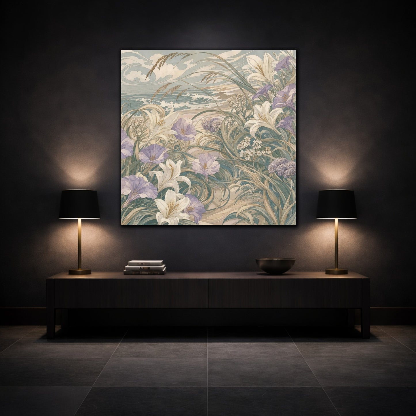Mockup 3. Seafoam Dune Flowers shown as canvas print