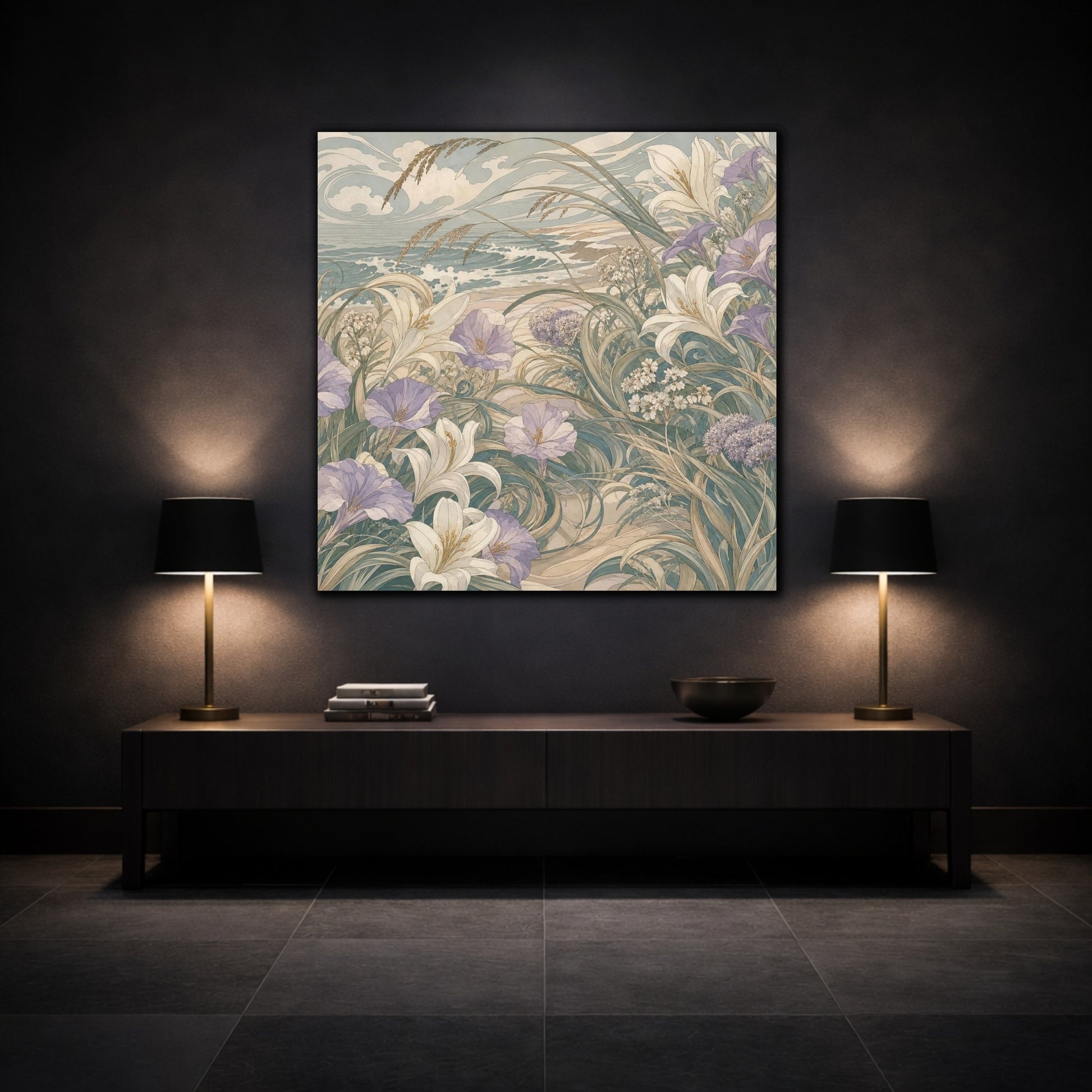Mockup 3. Seafoam Dune Flowers shown as canvas print