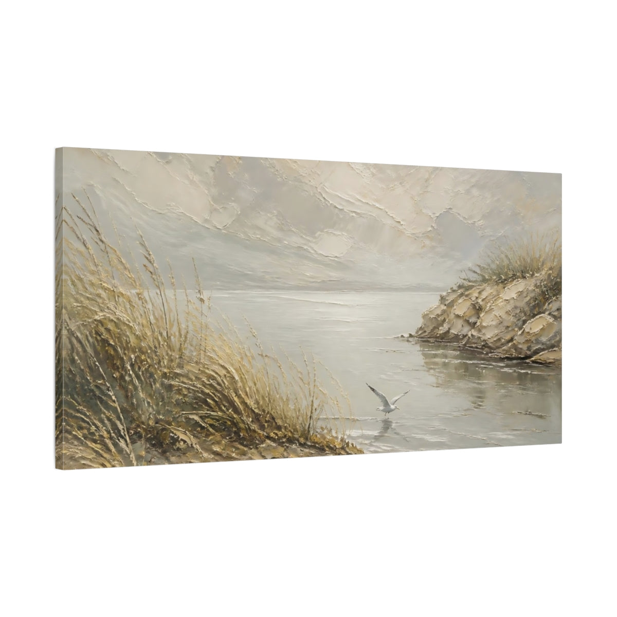 Main Mockup. Seagull At Tranquil Coast shown as canvas print