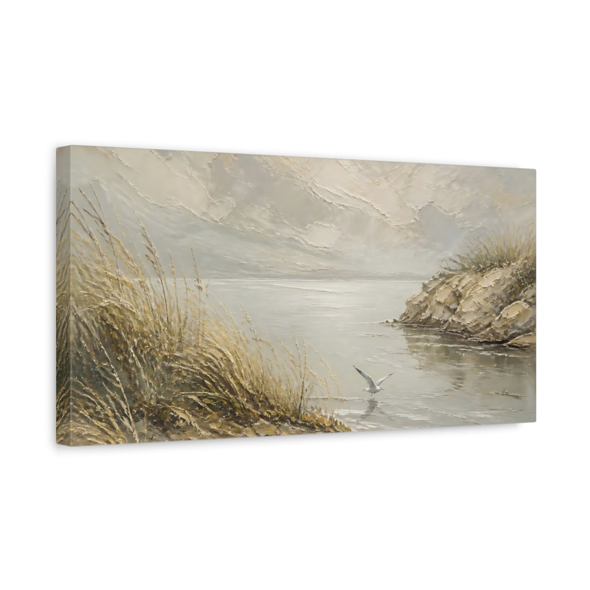 Side Mockup 3. Seagull At Tranquil Coast shown as canvas print