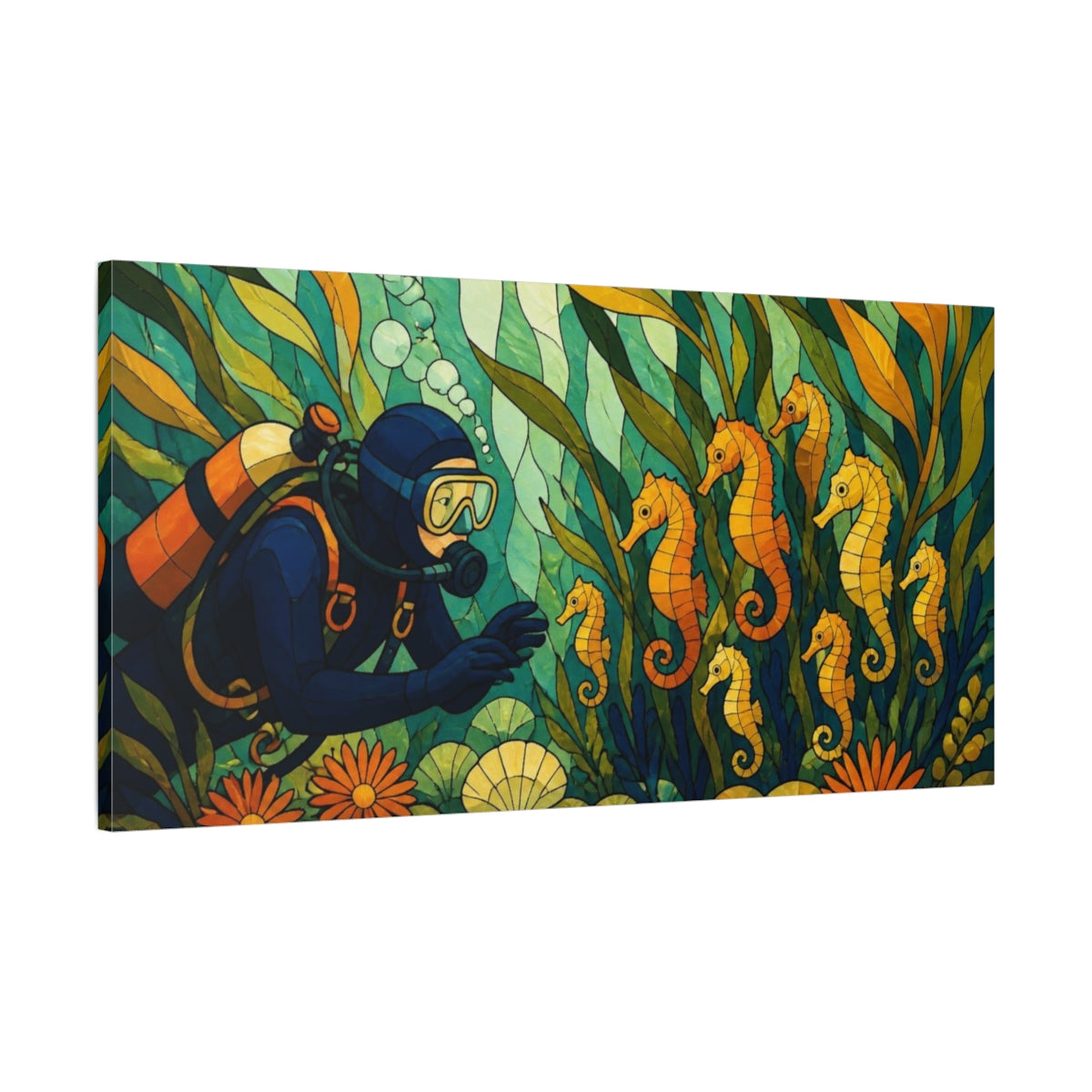 Main Mockup. Seahorse Nursery Stained Glass shown as canvas print
