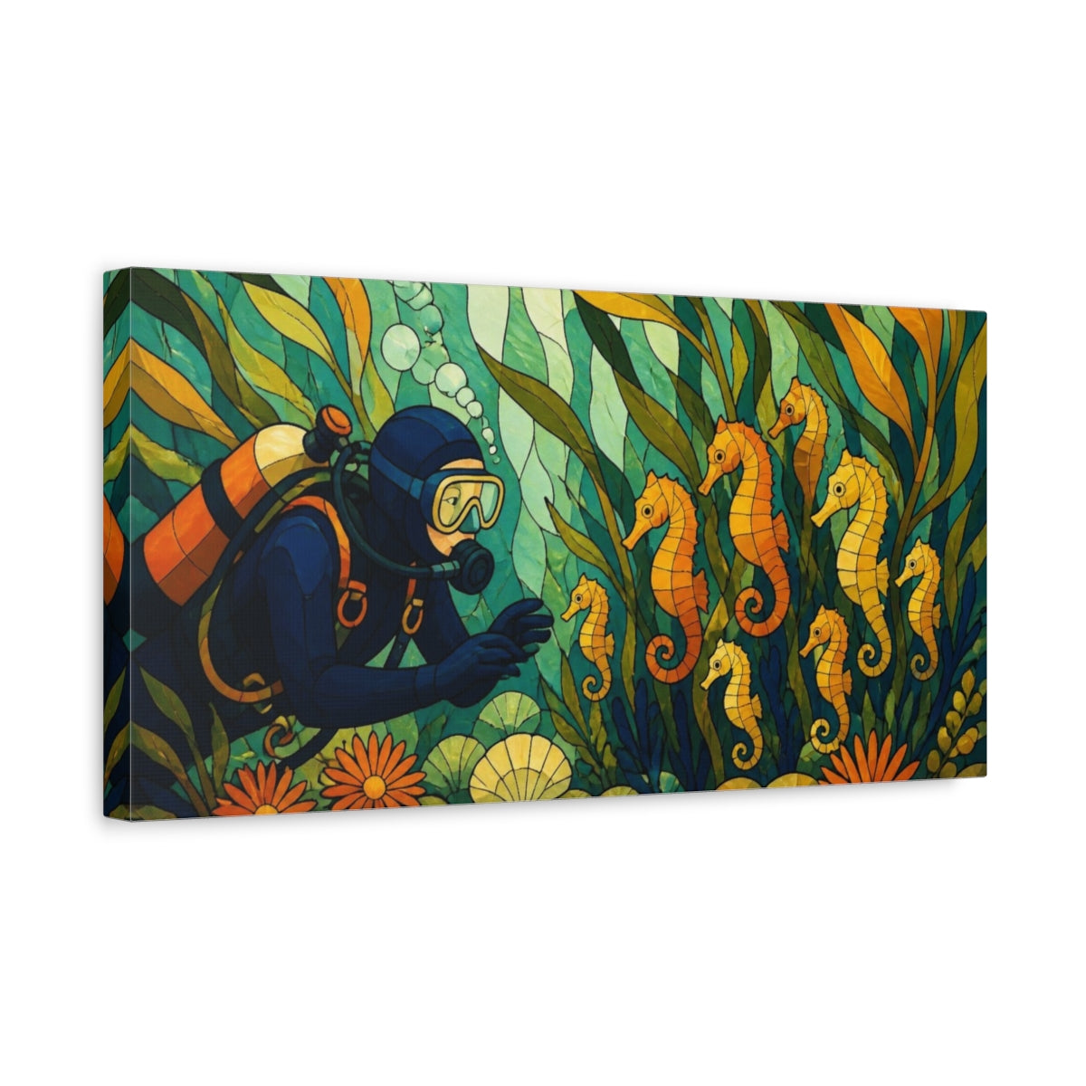 Side Mockup 3. Seahorse Nursery Stained Glass shown as canvas print