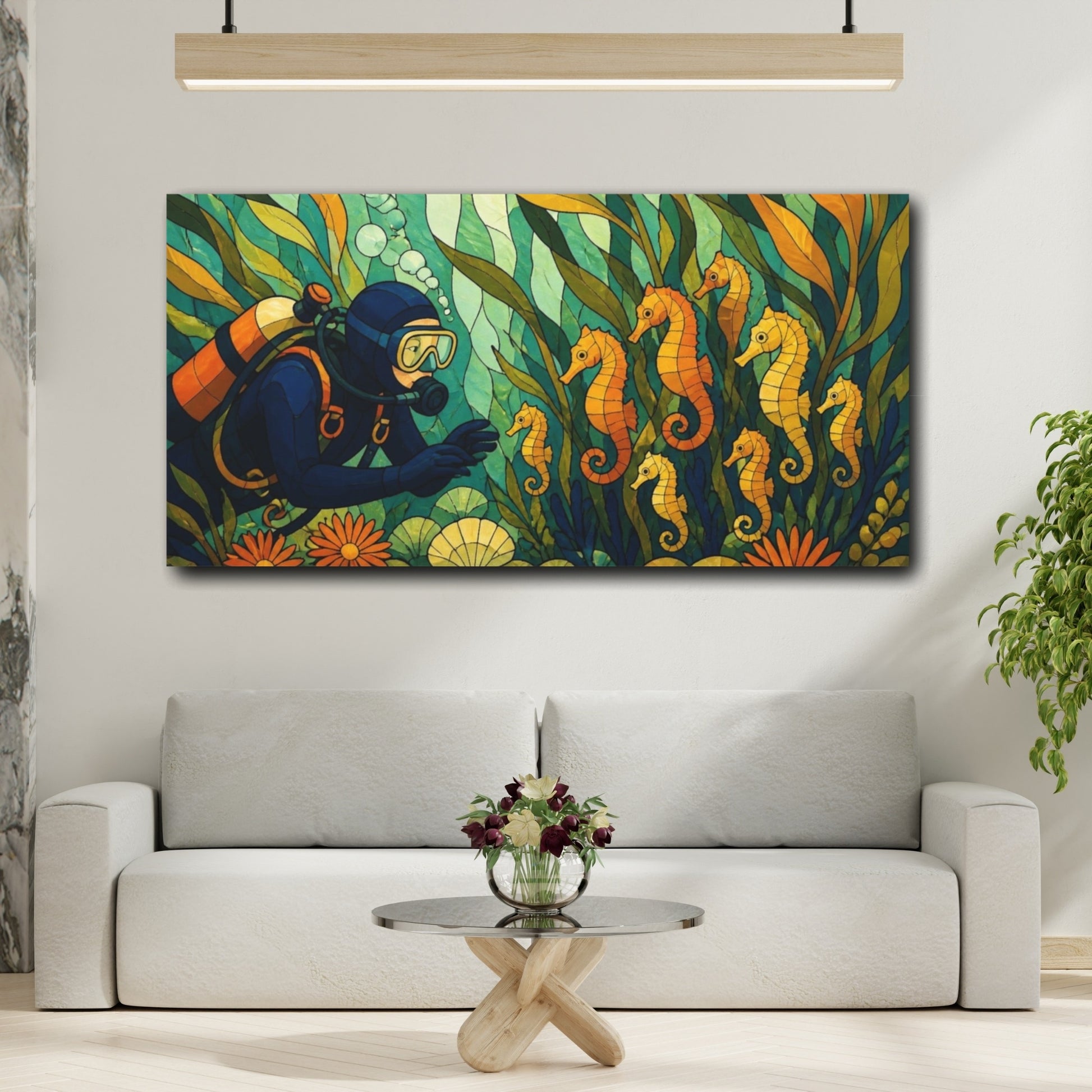 Mockup 2. Seahorse Nursery Stained Glass shown as canvas print