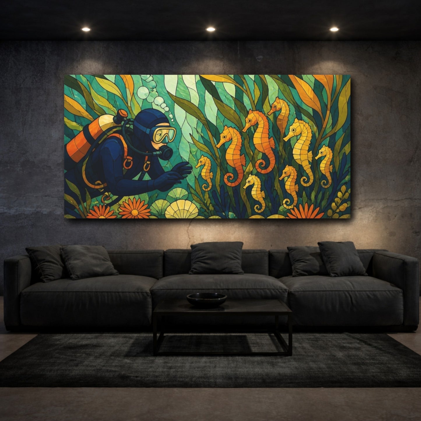 Mockup 3. Seahorse Nursery Stained Glass shown as canvas print
