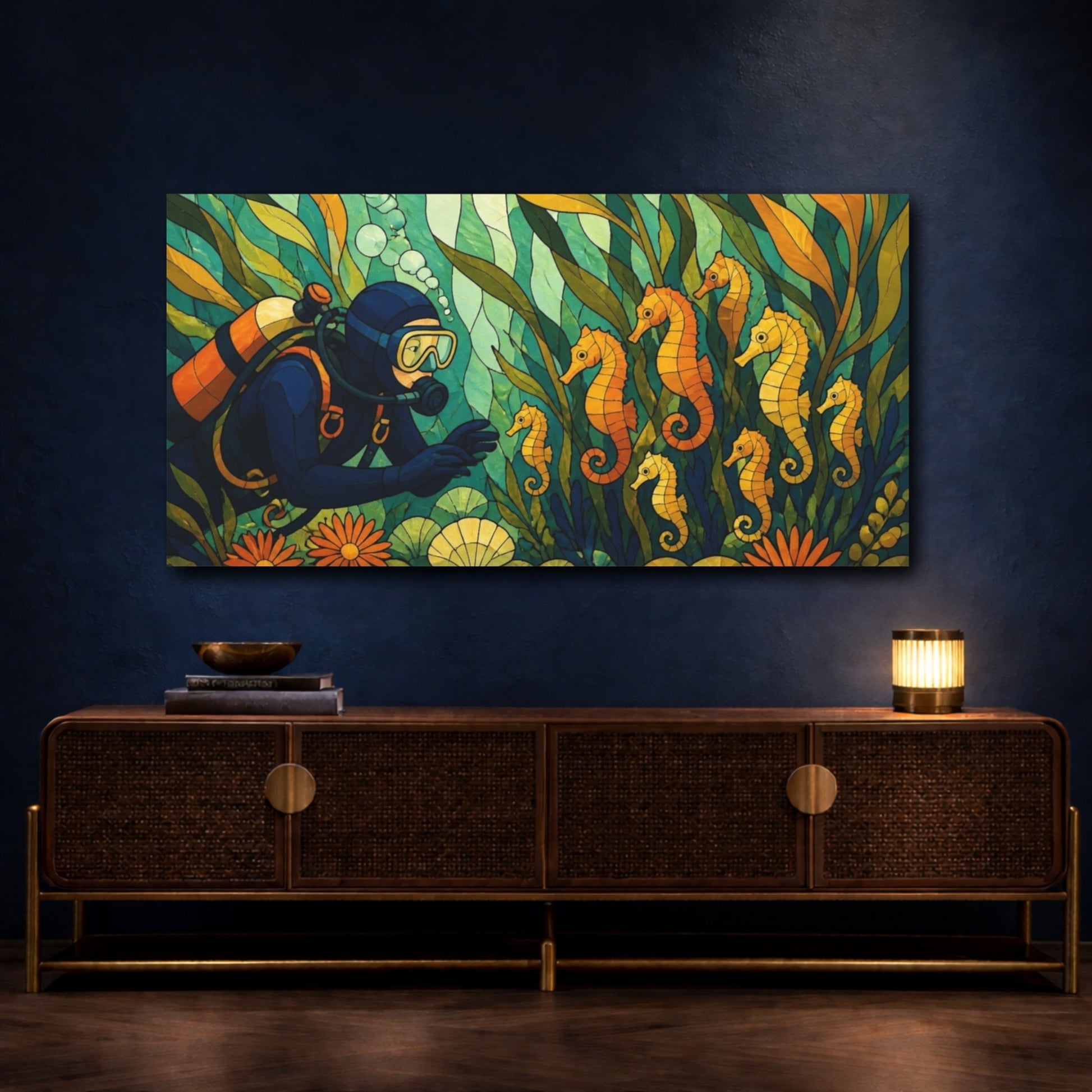 Mockup 4. Seahorse Nursery Stained Glass shown as canvas print