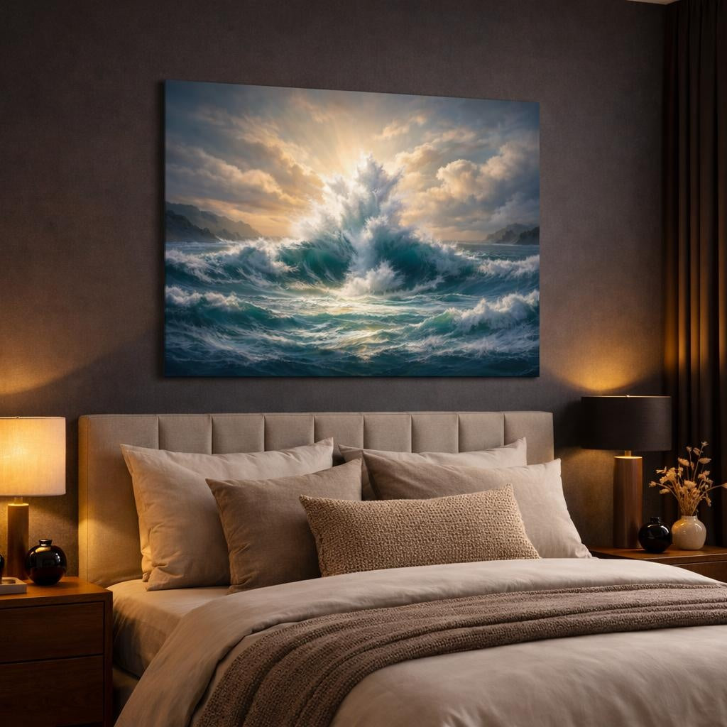 Seascape 100 Dollar Bill shown as canvas wall art in a luxury bedroom