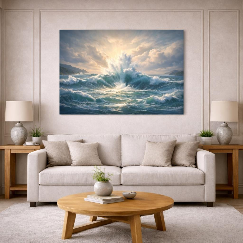 Seascape 100 Dollar Bill shown as canvas wall art in a modern living room