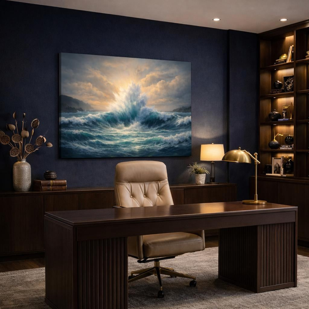 Seascape 100 Dollar Bill shown as canvas wall art in a refined dining room