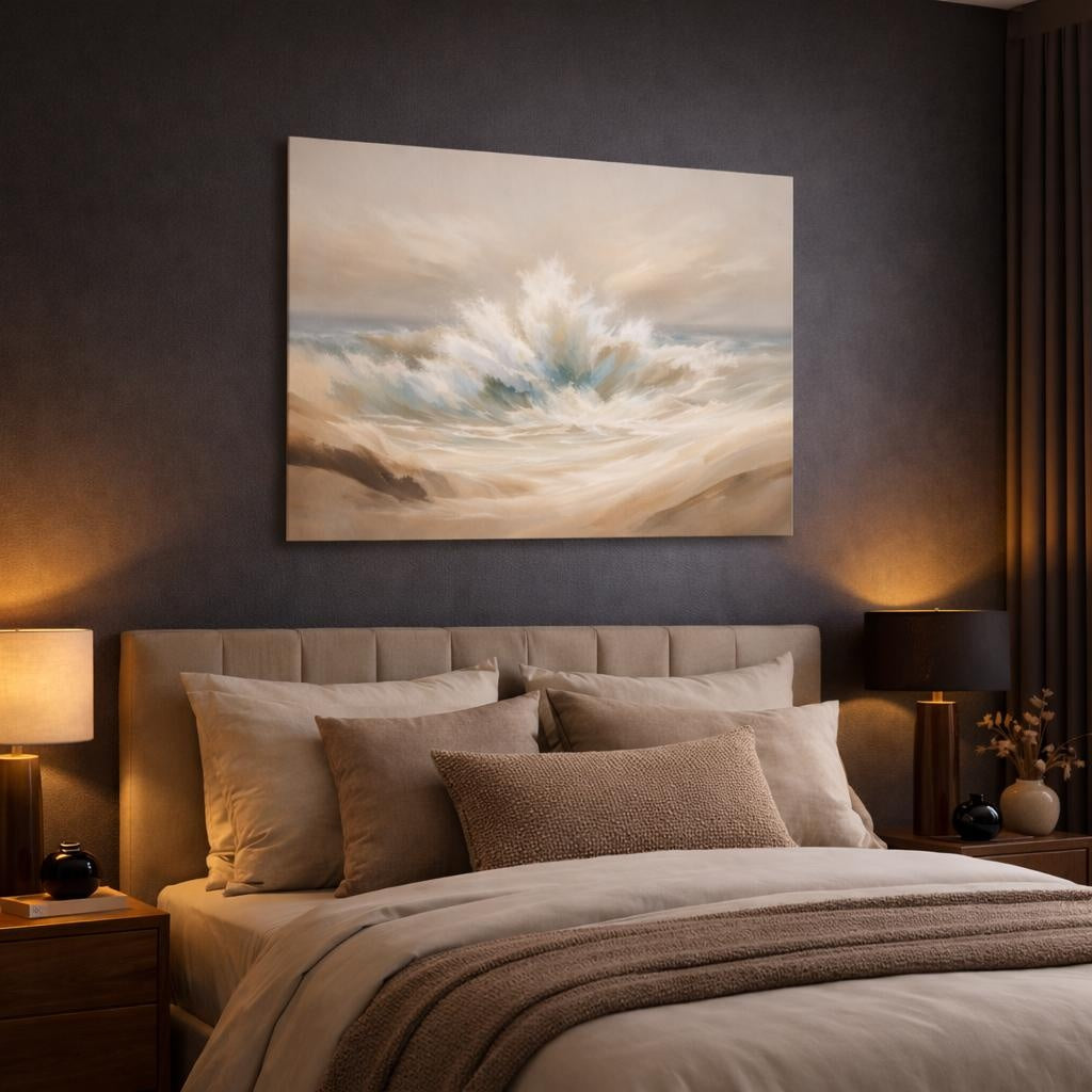 Seascape Beige Abstract Flow shown as canvas wall art in a luxury bedroom