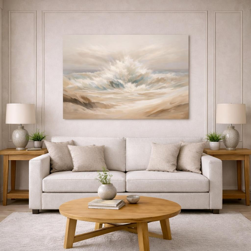 Seascape Beige Abstract Flow shown as canvas wall art in a modern living room