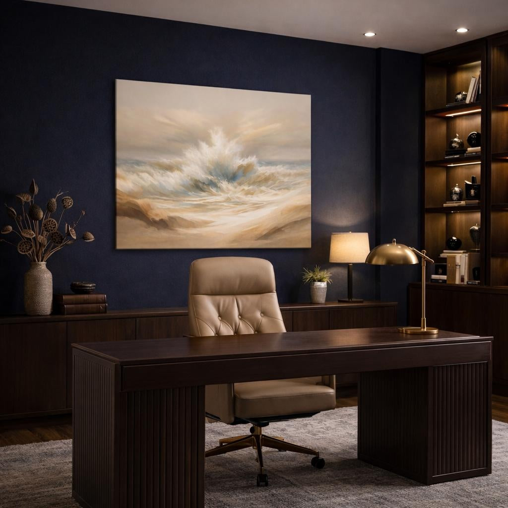 Seascape Beige Abstract Flow shown as canvas wall art in a luxury executive office