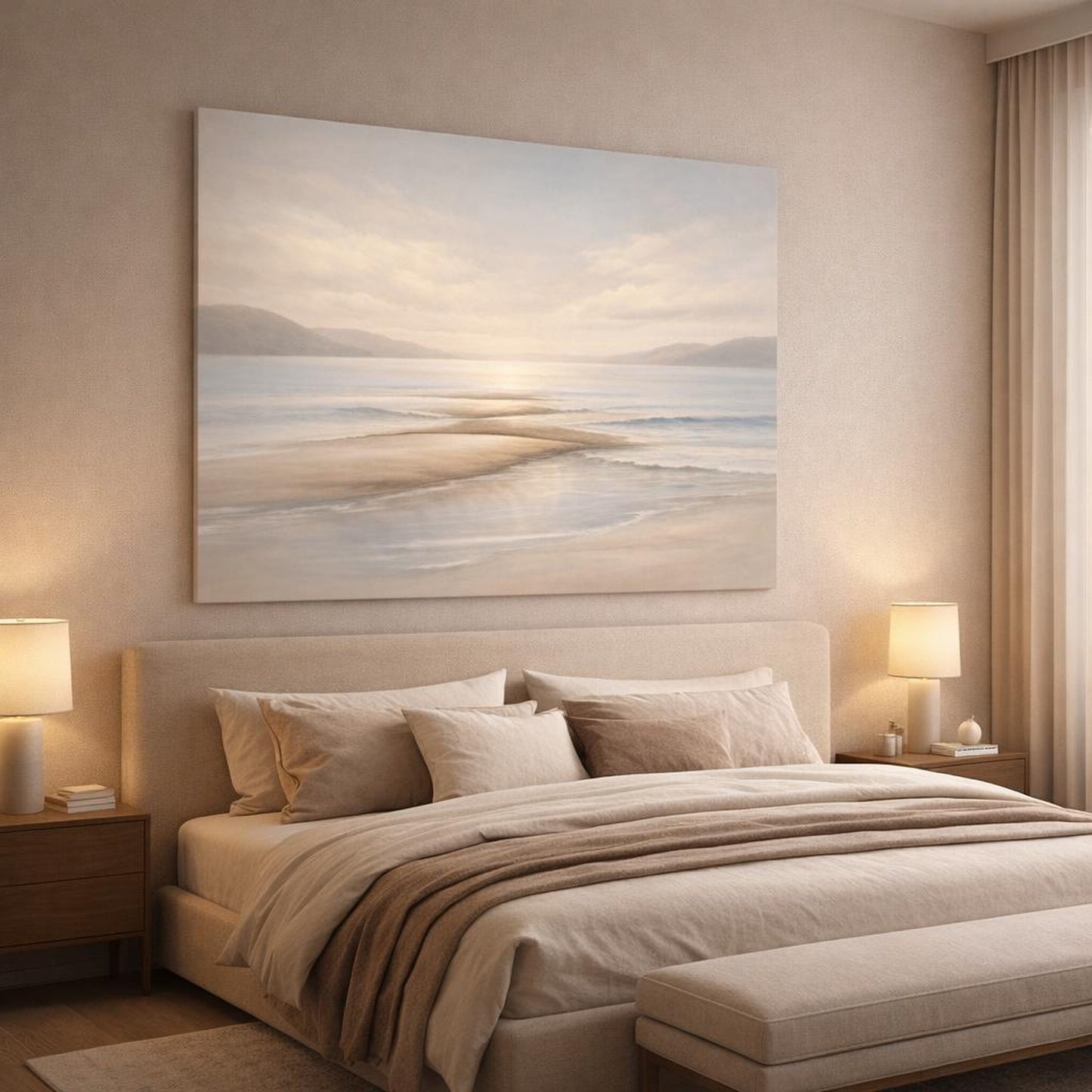 Seascape Beige Flow shown as canvas wall art in a luxury bedroom