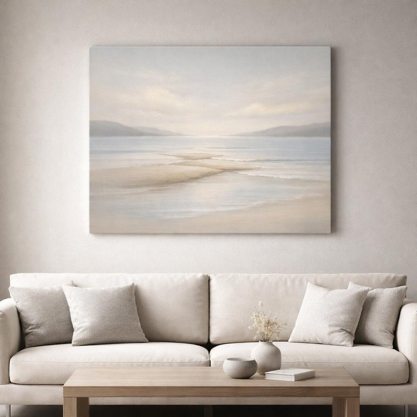 Seascape Beige Flow shown as canvas wall art in a refined dining room