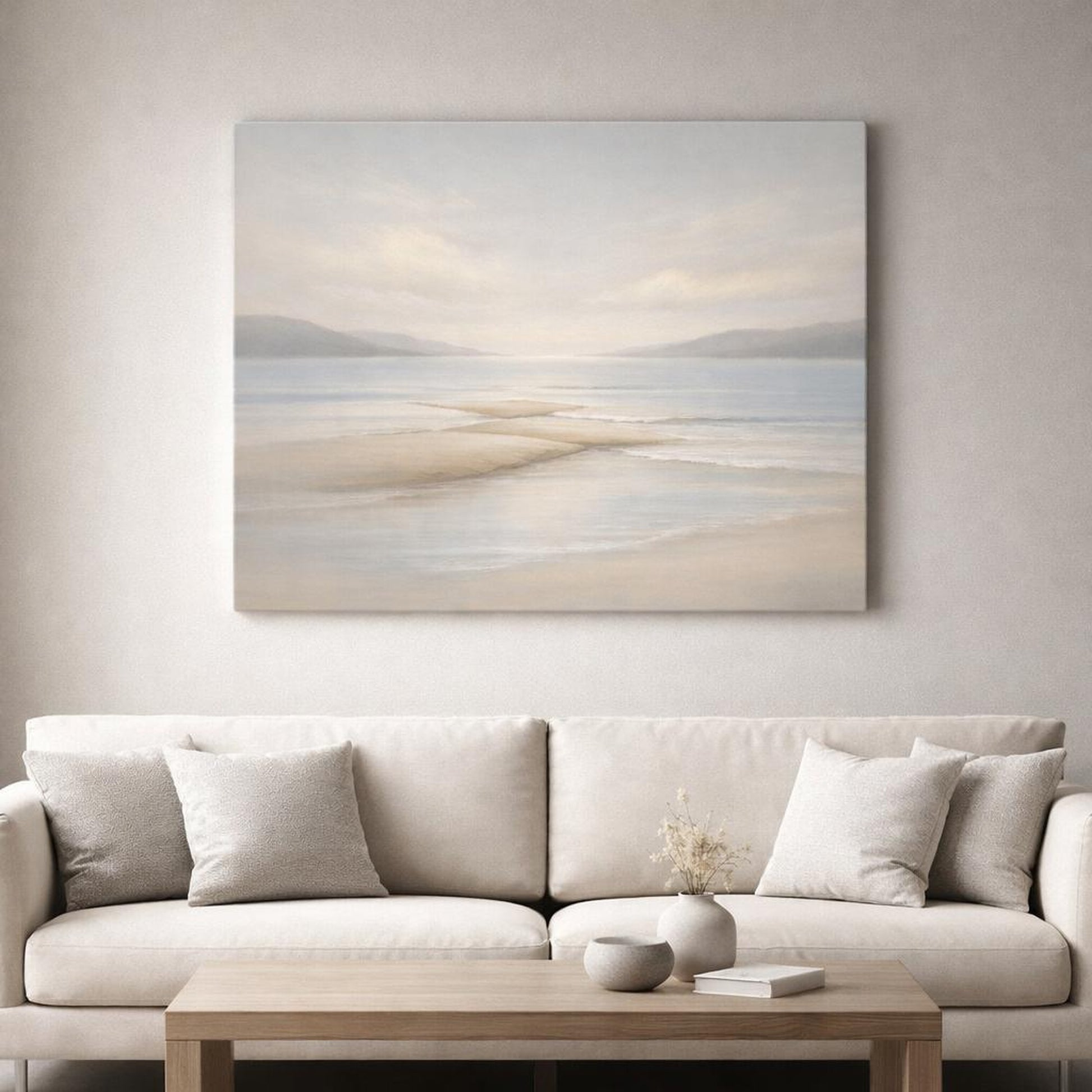 Seascape Beige Flow shown as canvas wall art in a refined dining room