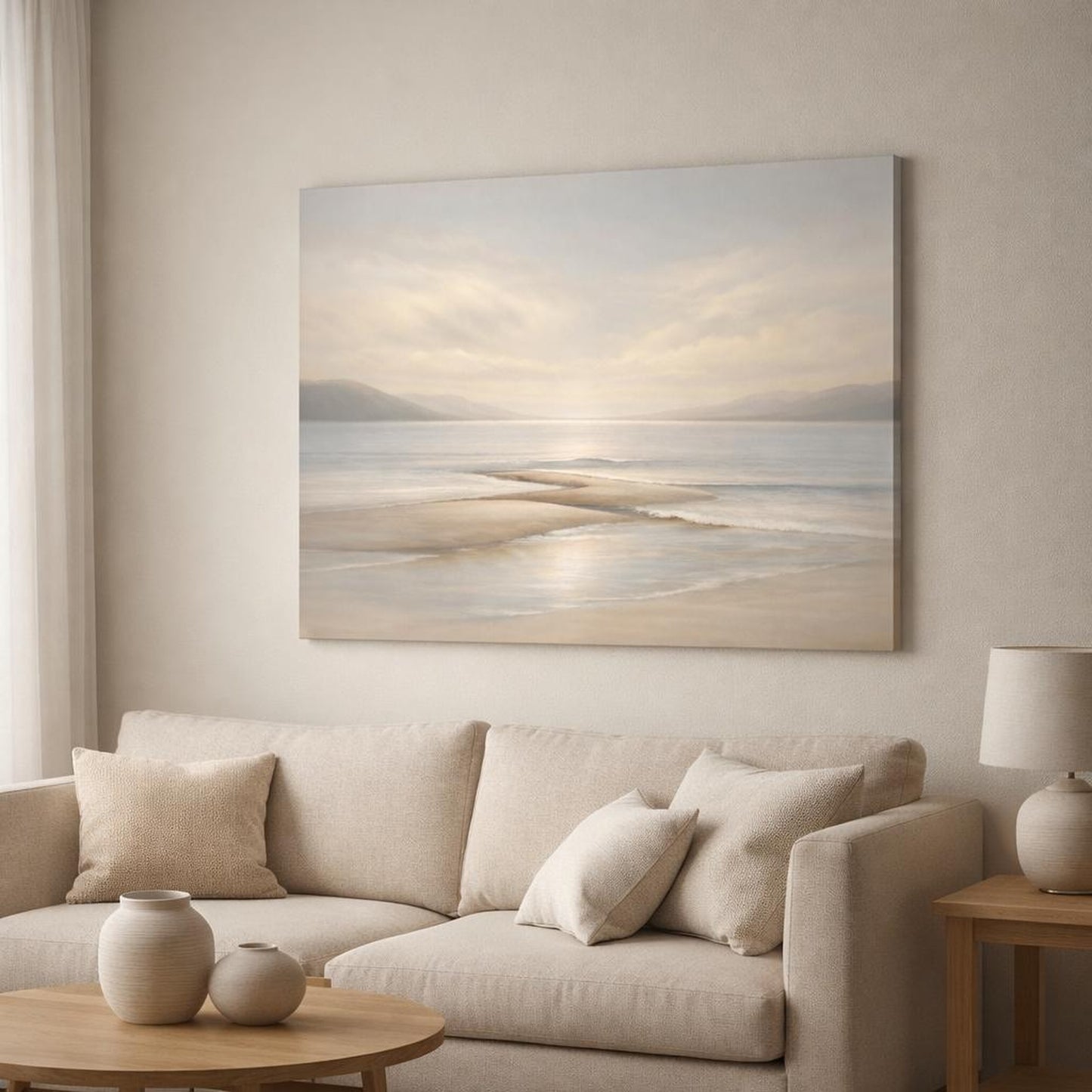 Seascape Beige Flow shown as canvas wall art in a modern living room