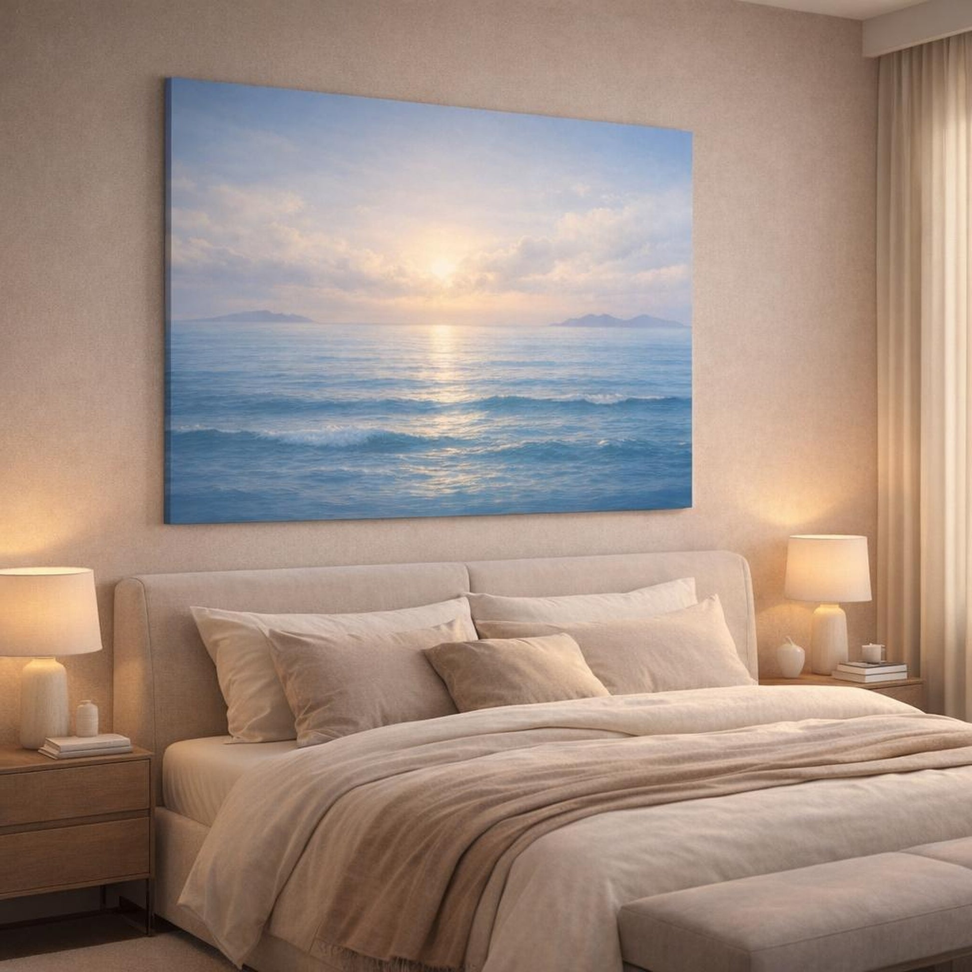 Seascape Blue shown as canvas wall art in a luxury bedroom
