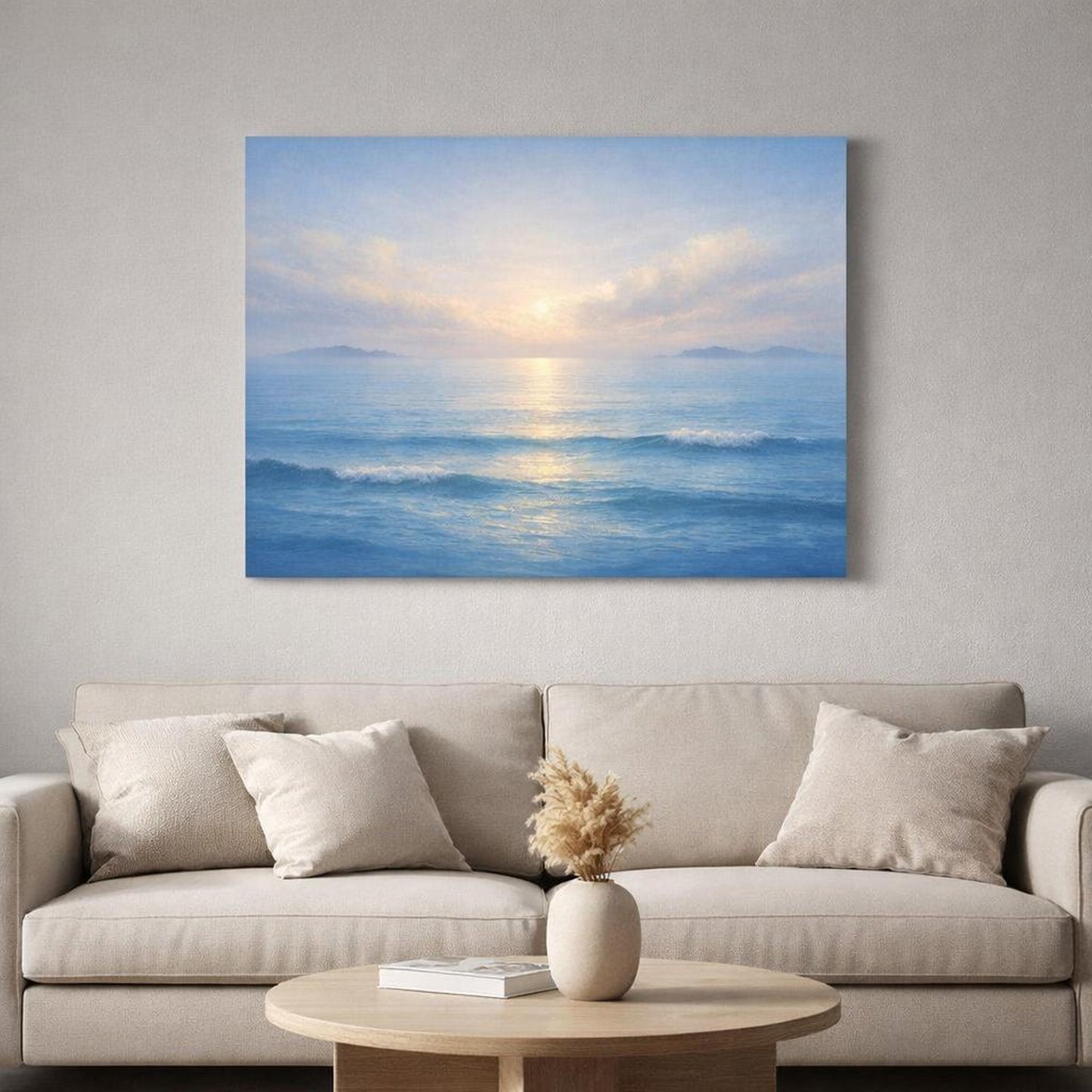 Seascape Blue shown as canvas wall art in a refined dining room