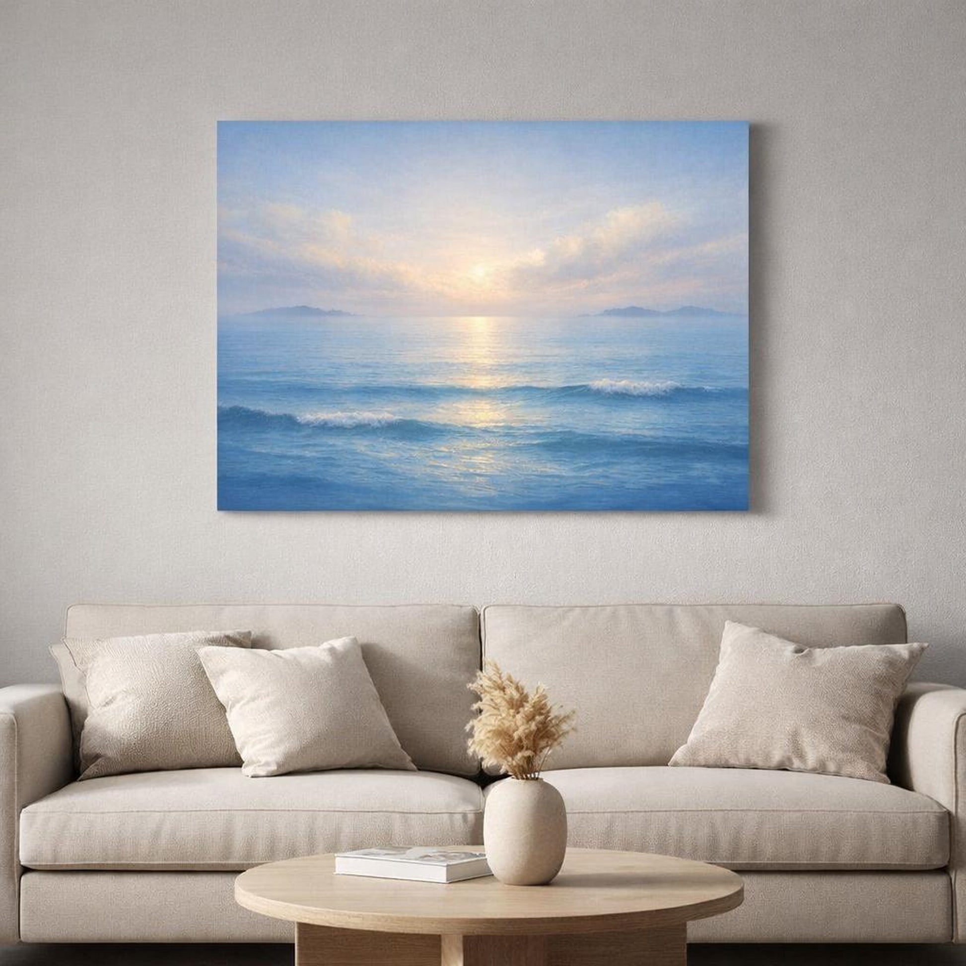 Seascape Blue shown as canvas wall art in a refined dining room