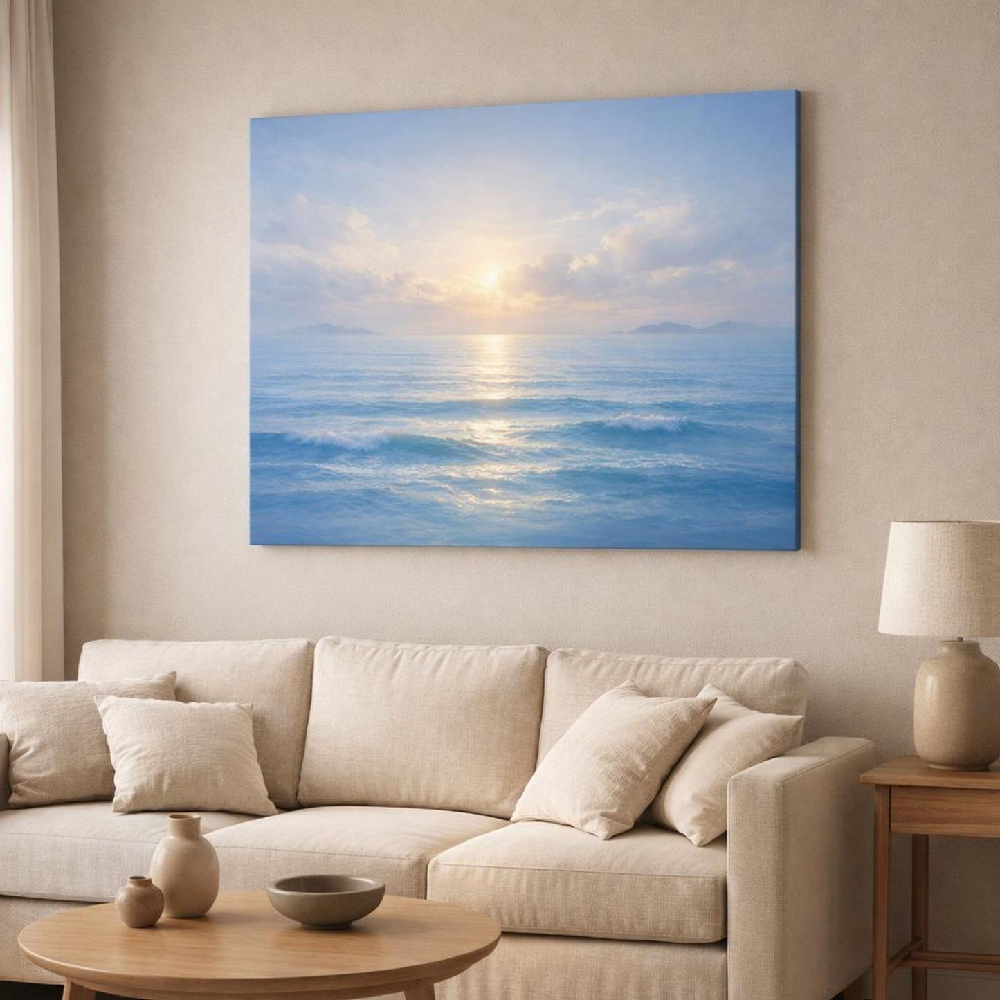 Seascape Blue shown as canvas wall art in a modern living room