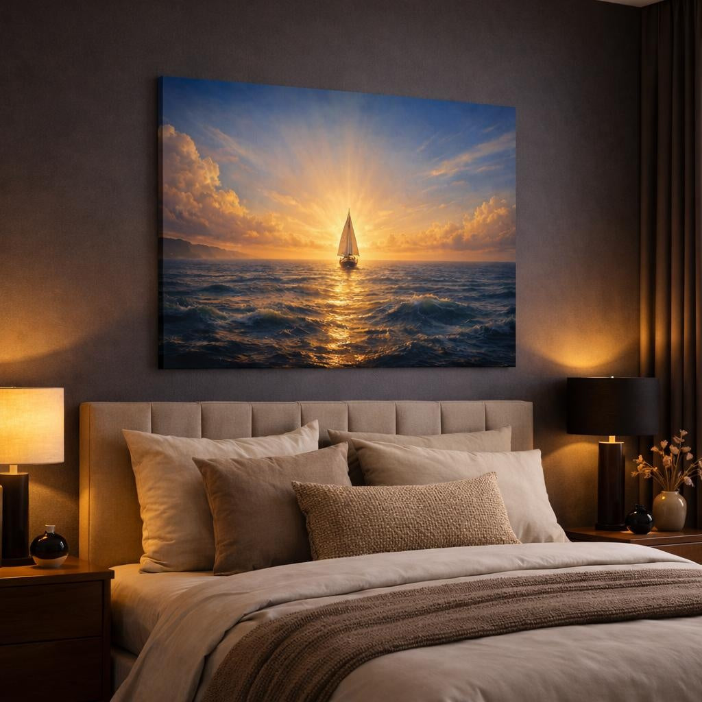 Seascape Boat Horizon shown as canvas wall art in a luxury bedroom
