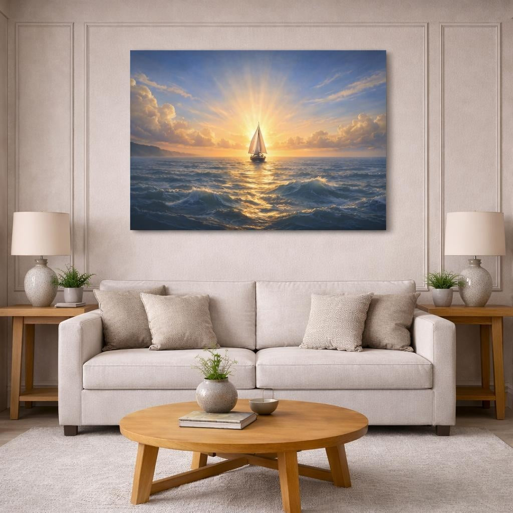 Seascape Boat Horizon shown as canvas wall art in a modern living room