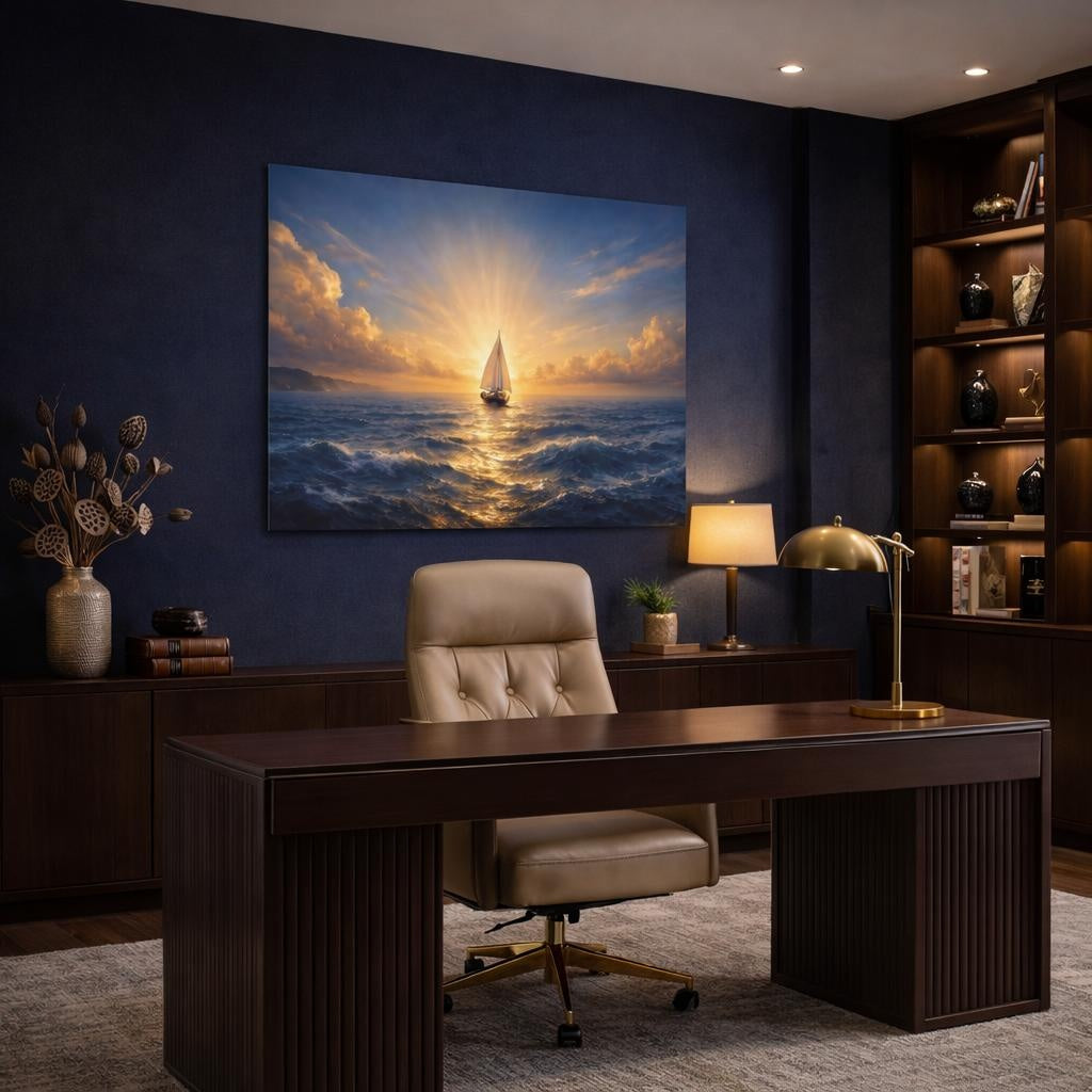 Seascape Boat Horizon shown as canvas wall art in a refined dining room