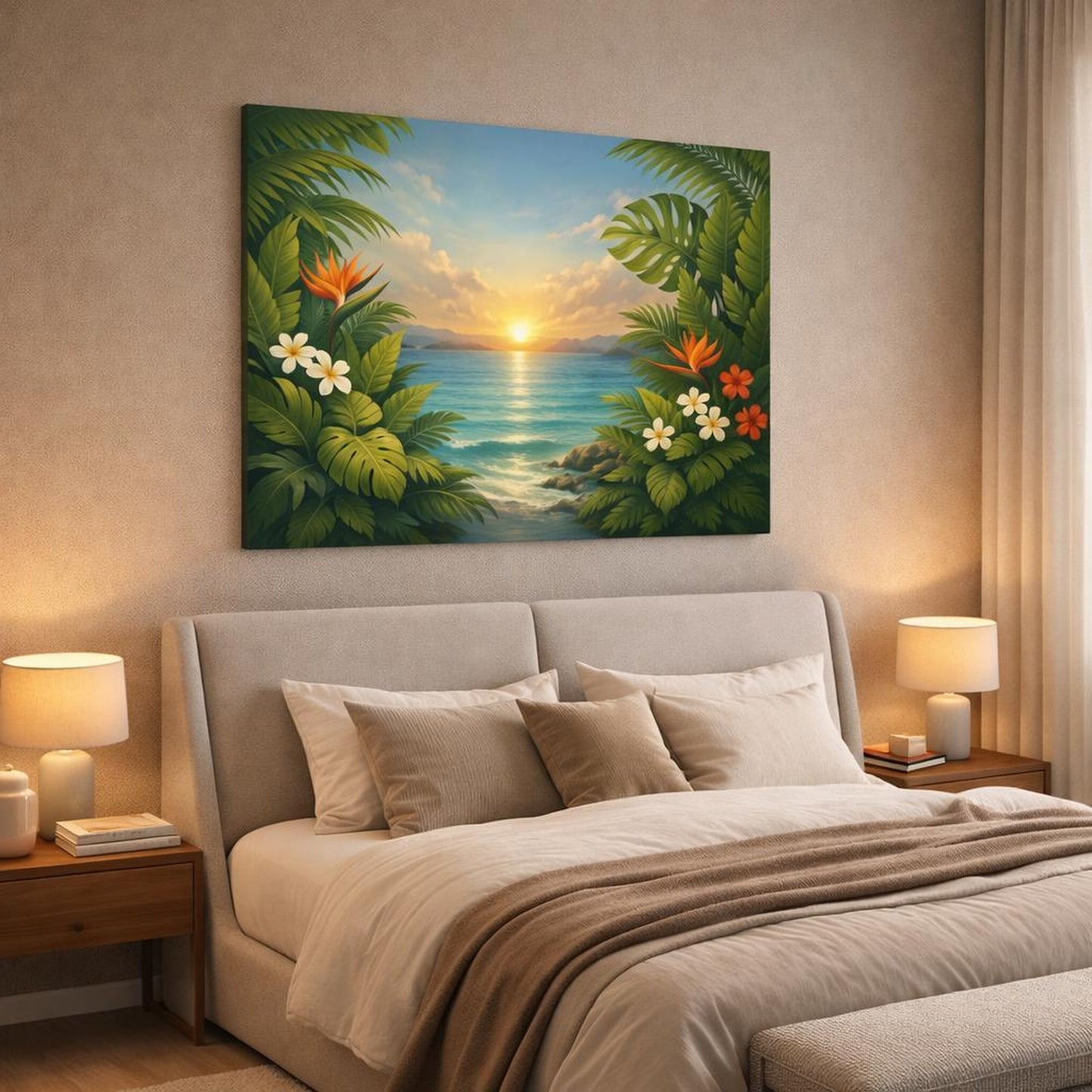 Seascape Botanical Leaves shown as canvas wall art in a luxury bedroom