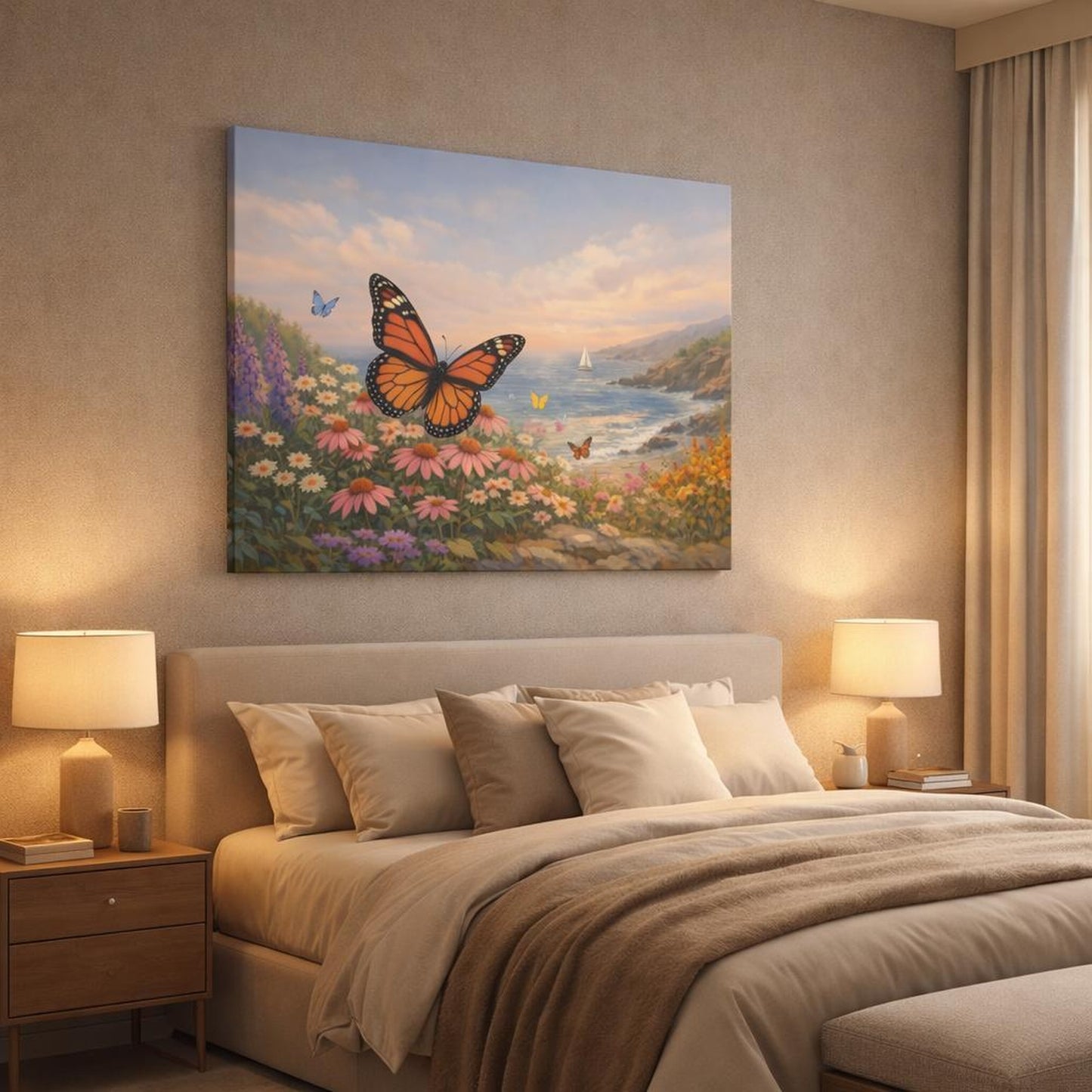 Seascape Butterfly Garden shown as canvas wall art in a luxury bedroom