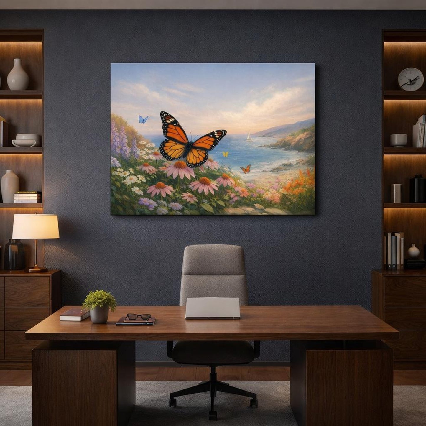 Seascape Butterfly Garden shown as canvas wall art in a refined dining room