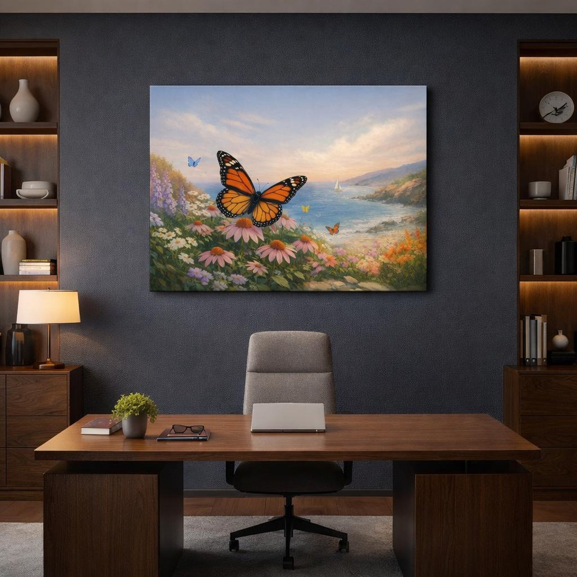 Seascape Butterfly Garden shown as canvas wall art in a refined dining room