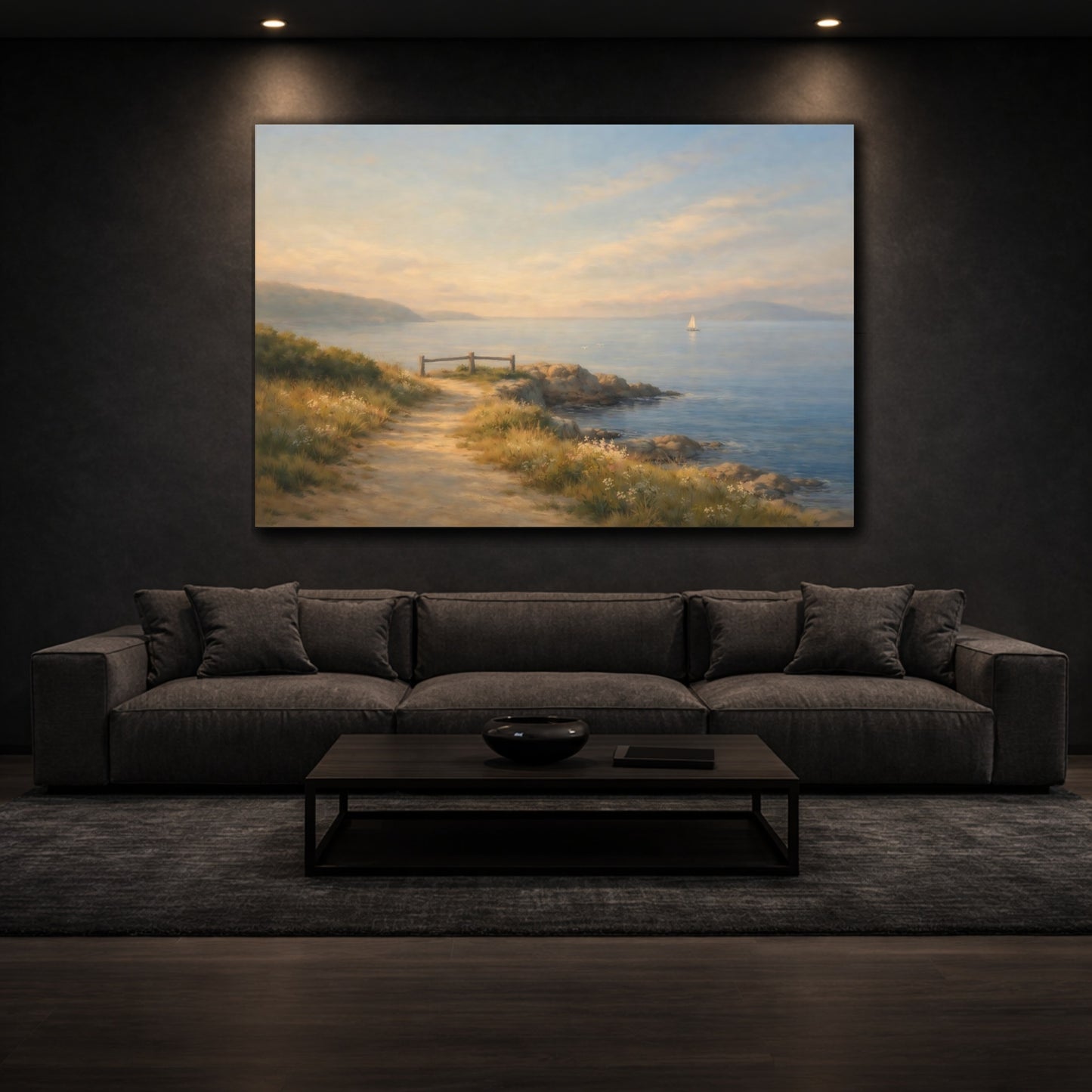 Mockup 2. Seascape Coastal Path Morning Walk View shown as stretched canvas wall art