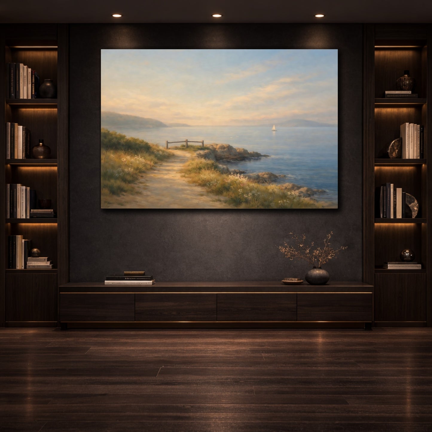 Mockup 3. Seascape Coastal Path Morning Walk View shown as stretched canvas wall art