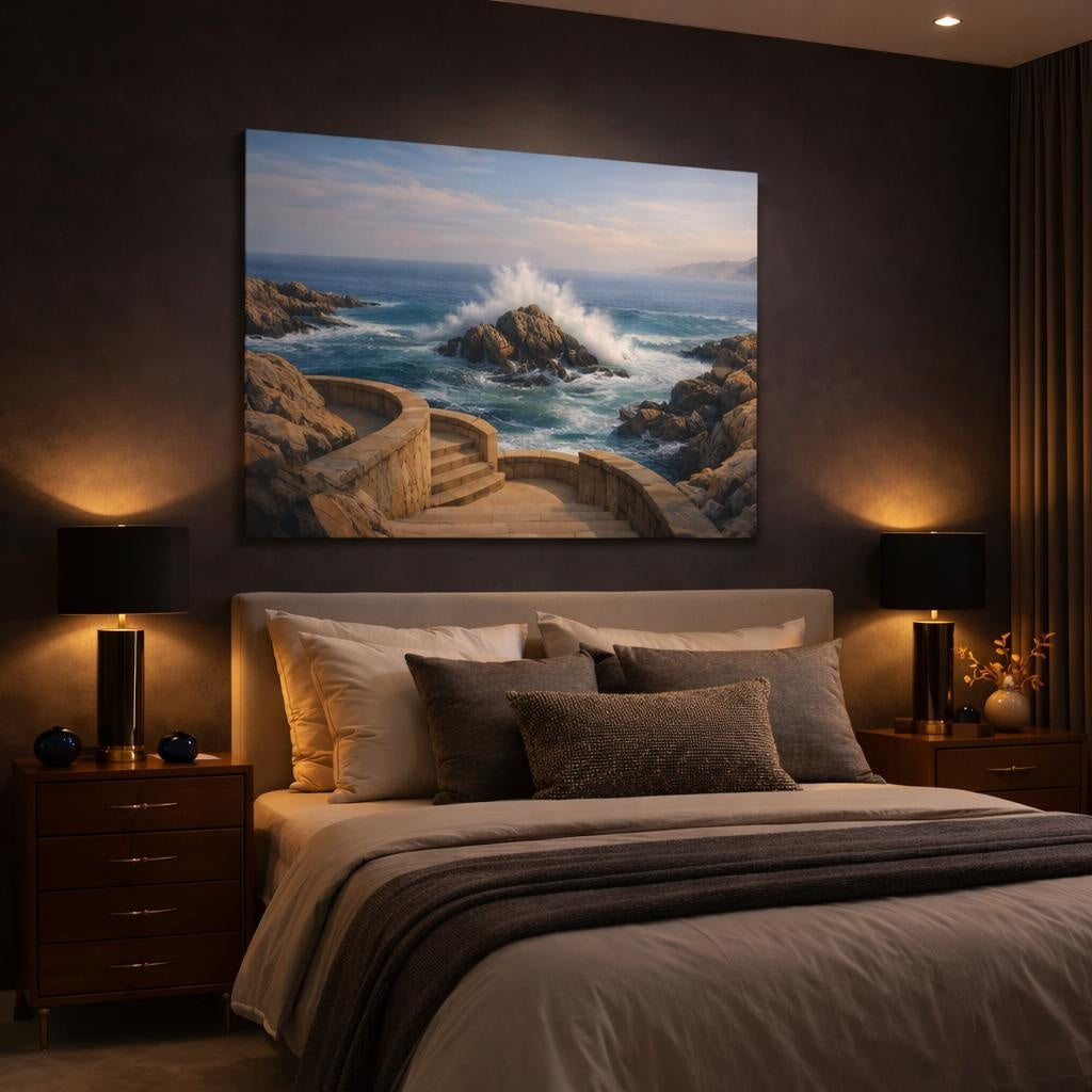 Seascape Coastal Steps shown as canvas wall art in a luxury bedroom