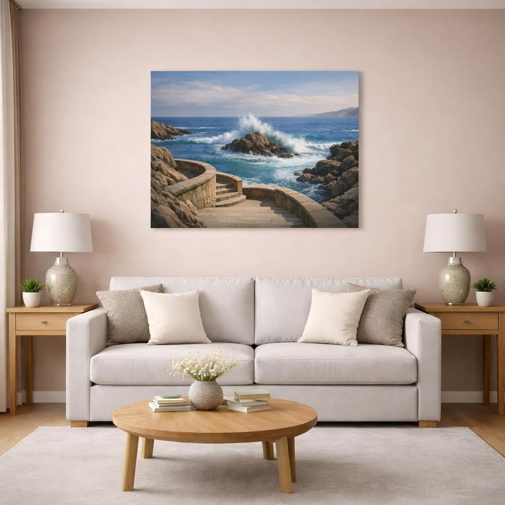 Seascape Coastal Steps shown as canvas wall art in a modern living room