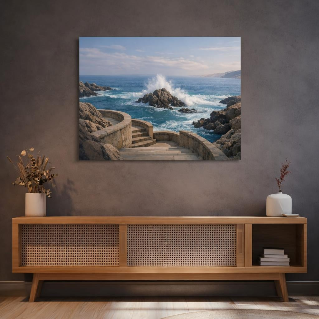 Seascape Coastal Steps shown as canvas wall art in a refined dining room