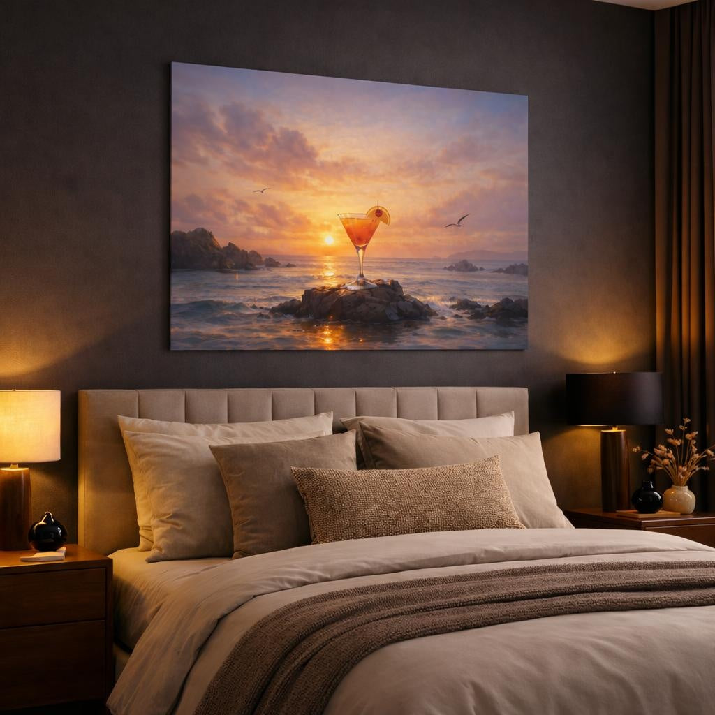 Seascape Cocktail shown as canvas wall art in a luxury bedroom