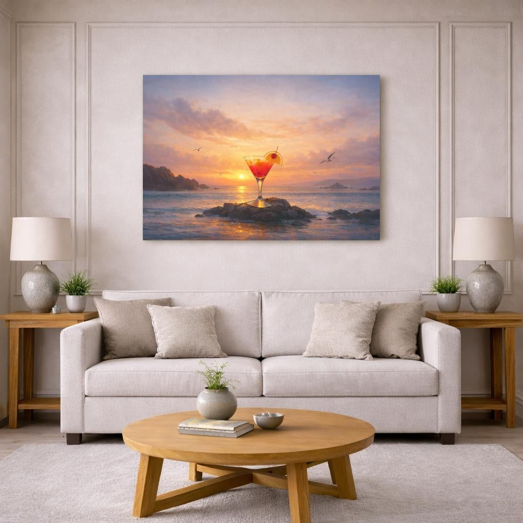 Seascape Cocktail shown as canvas wall art in a modern living room