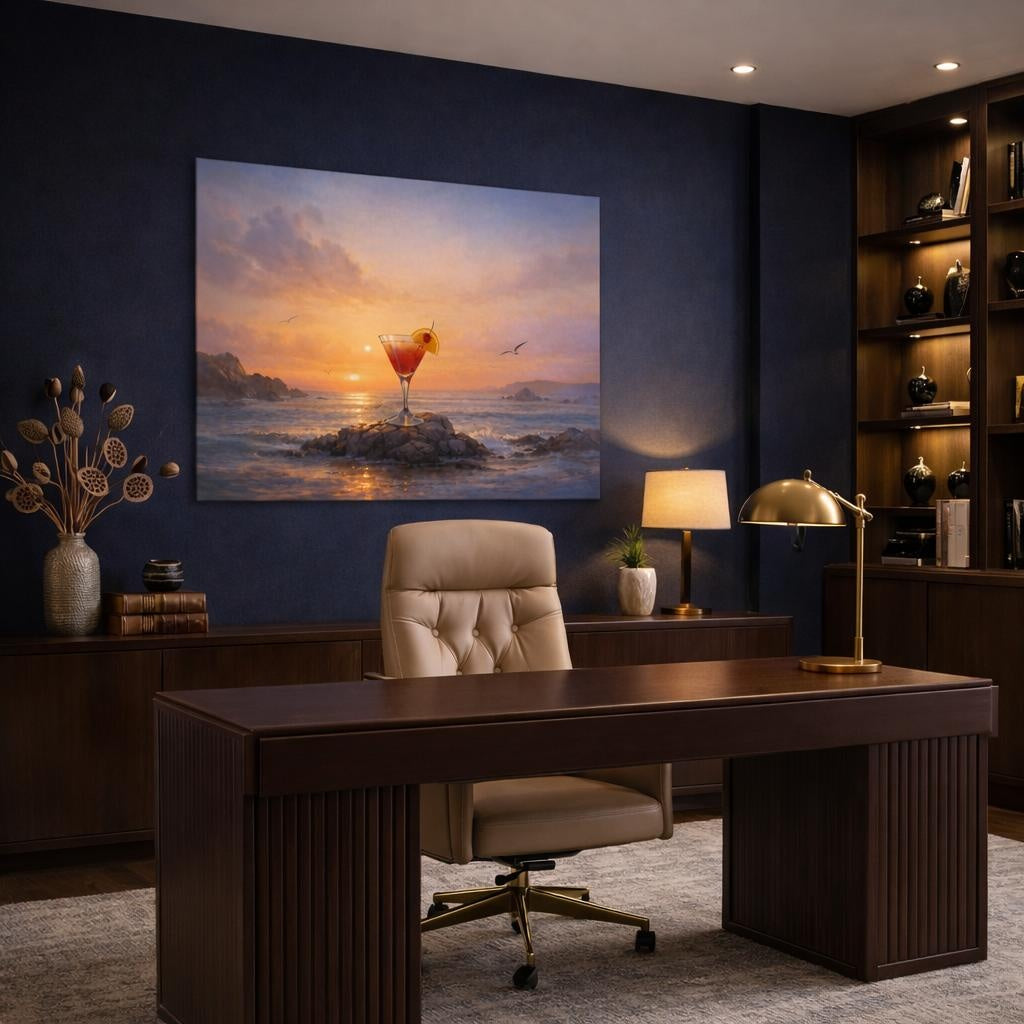 Seascape Cocktail shown as canvas wall art in a refined dining room