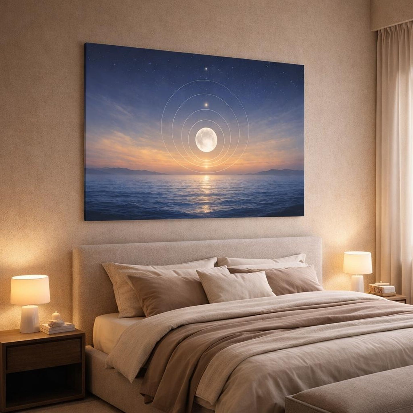 Seascape Cosmic Circles shown as canvas wall art in a luxury bedroom