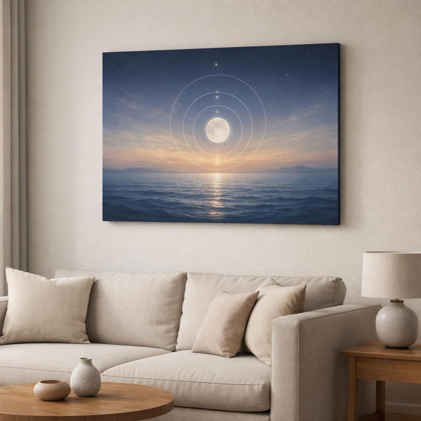 Seascape Cosmic Circles shown as canvas wall art in a modern living room