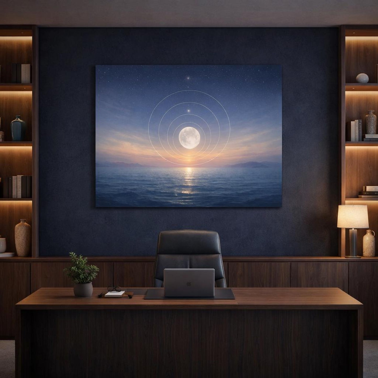 Seascape Cosmic Circles shown as canvas wall art in a refined dining room