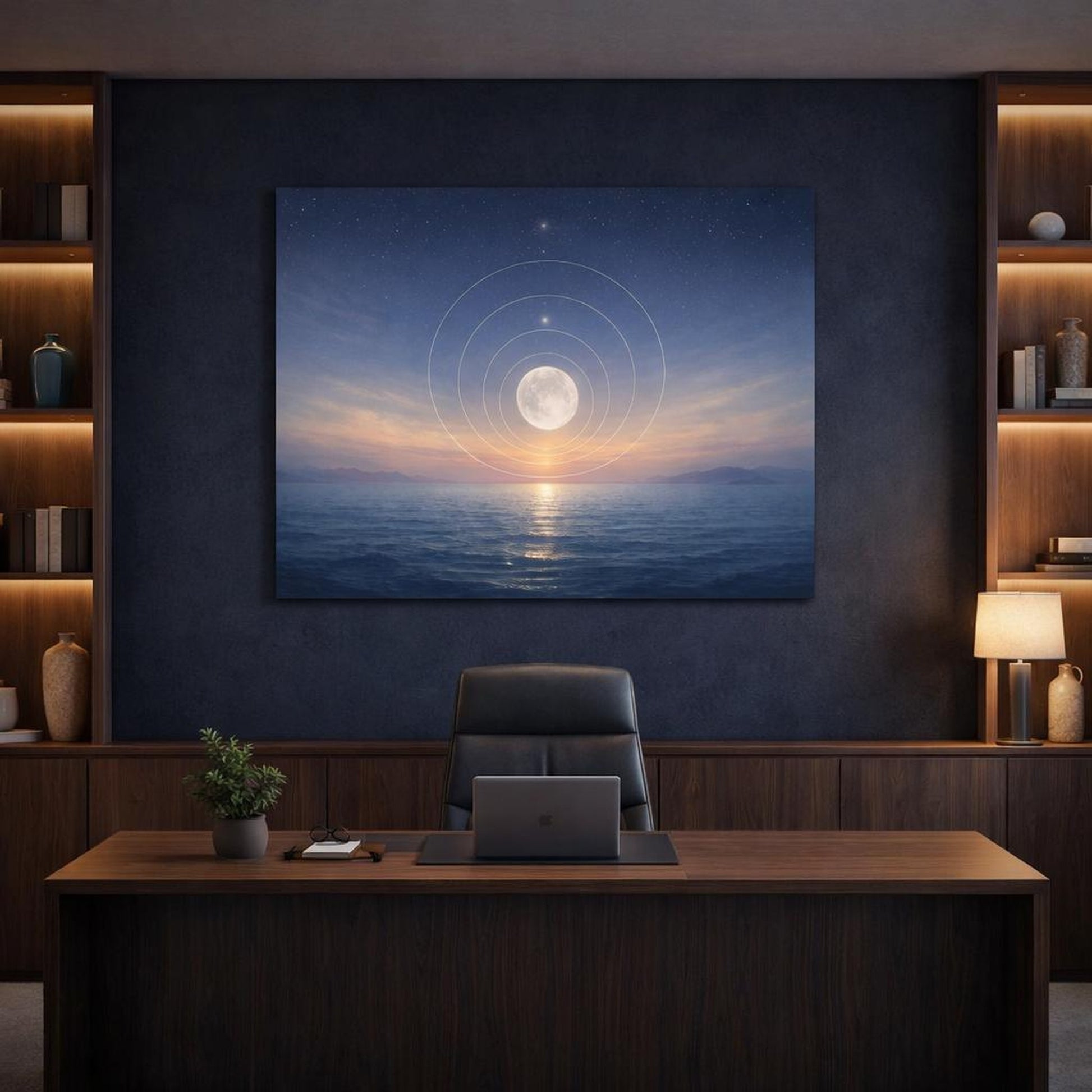 Seascape Cosmic Circles shown as canvas wall art in a refined dining room