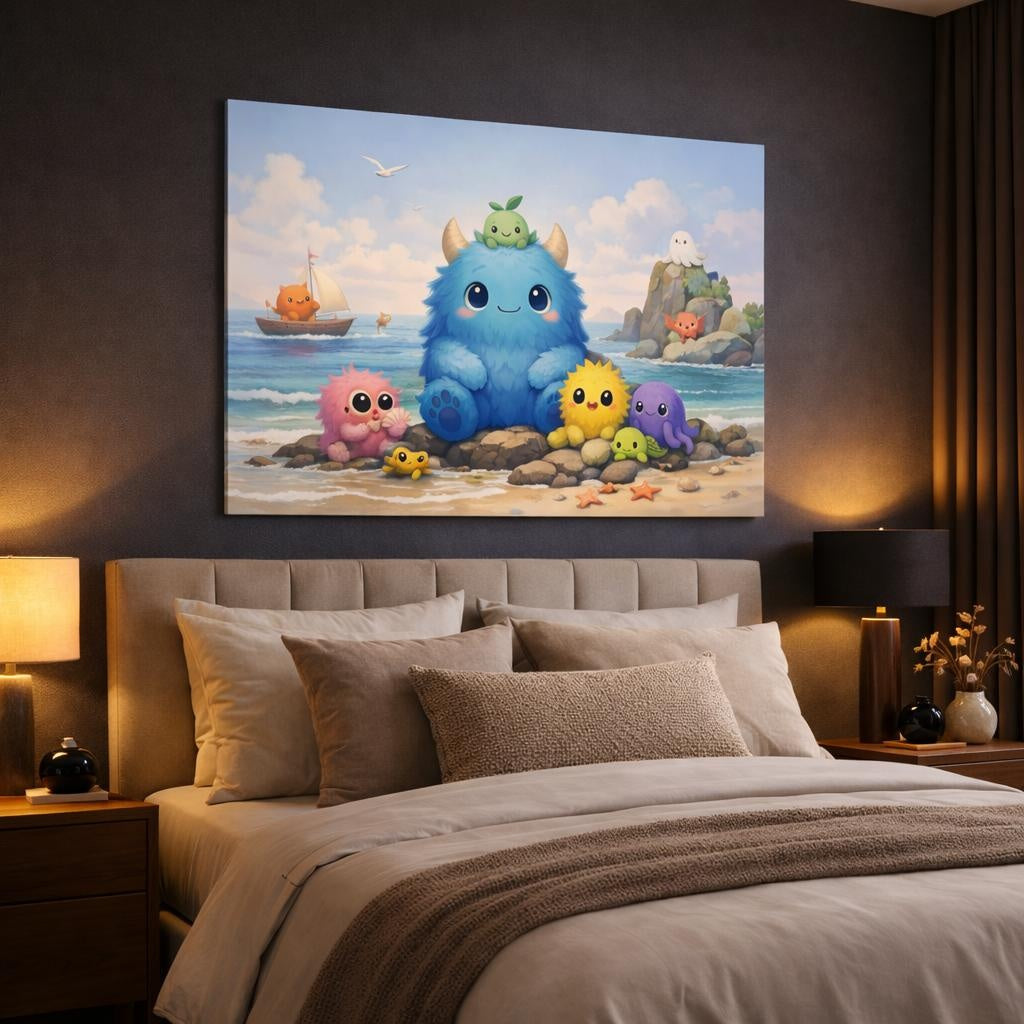 Seascape Cute Monsters shown as canvas wall art in a luxury bedroom