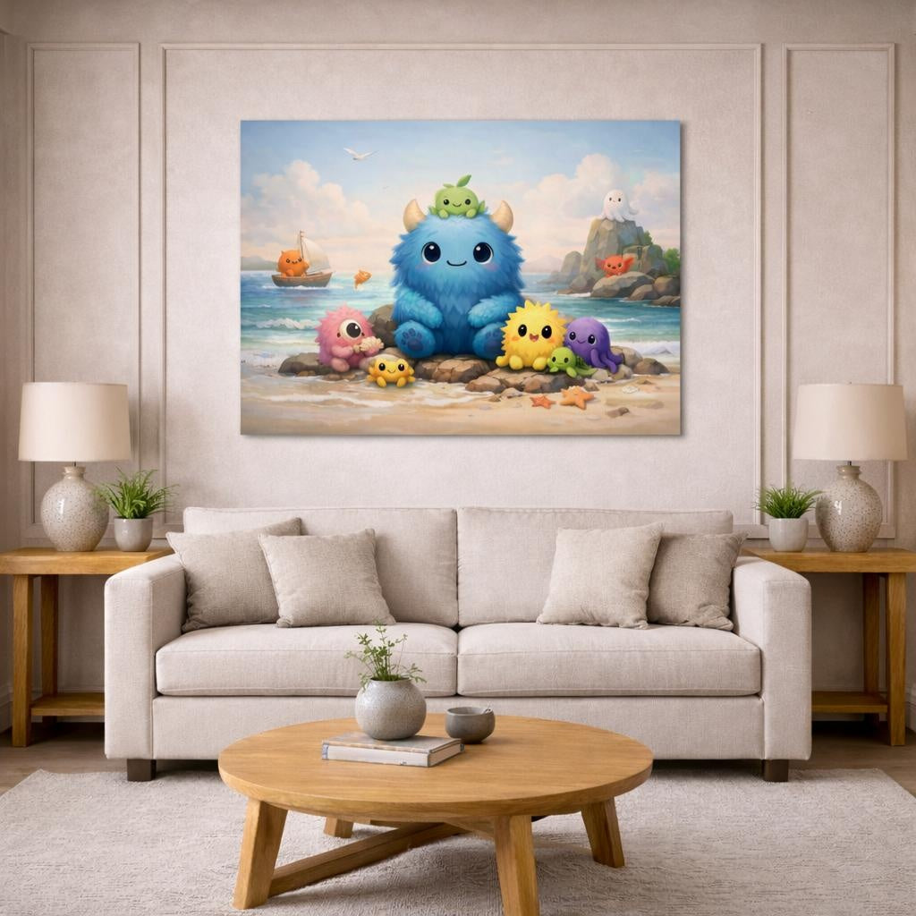Seascape Cute Monsters shown as canvas wall art in a modern living room