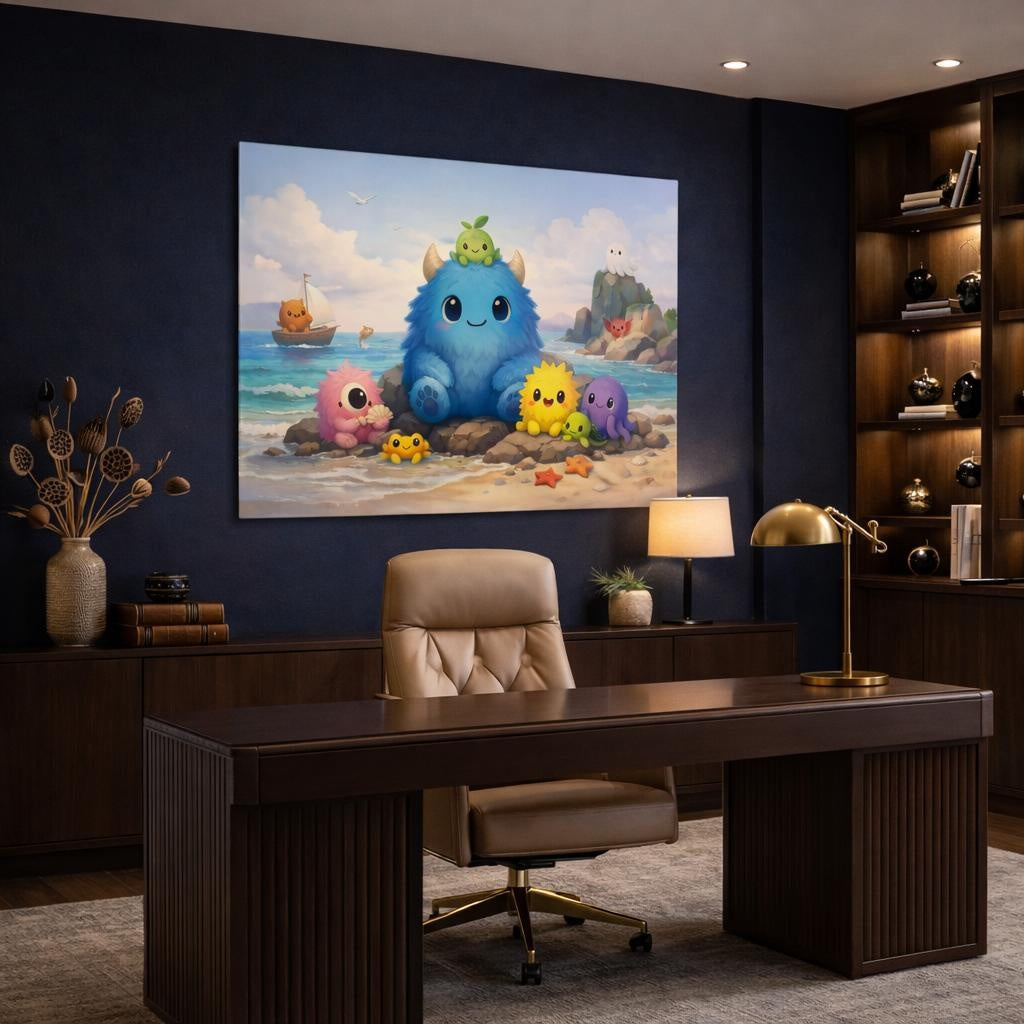 Seascape Cute Monsters shown as canvas wall art in a modern designer kids room