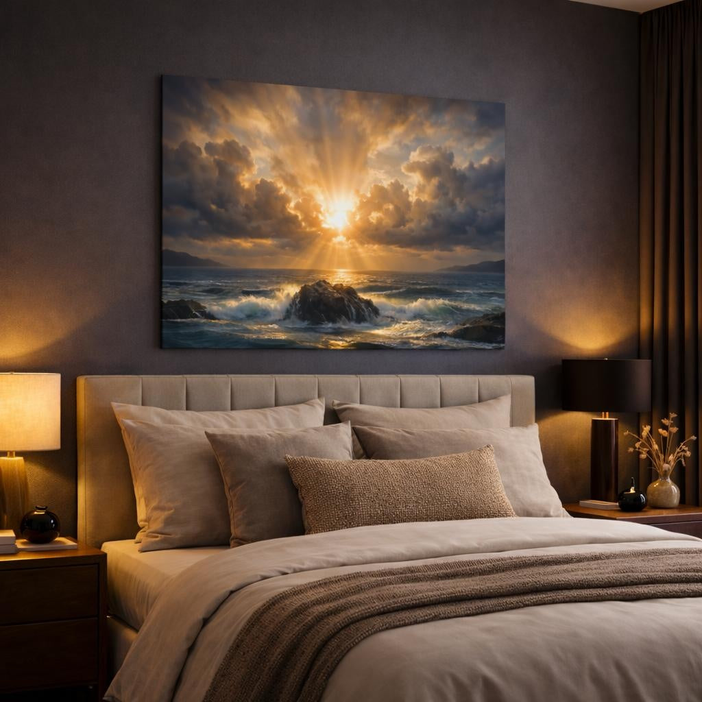 Seascape Dramatic Sky shown as canvas wall art in a luxury bedroom